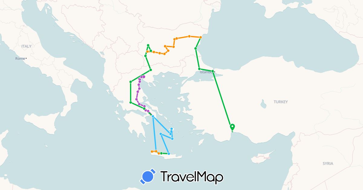 TravelMap itinerary: driving, bus, train, boat, hitchhiking in Bulgaria, Greece, Turkey (Asia, Europe)